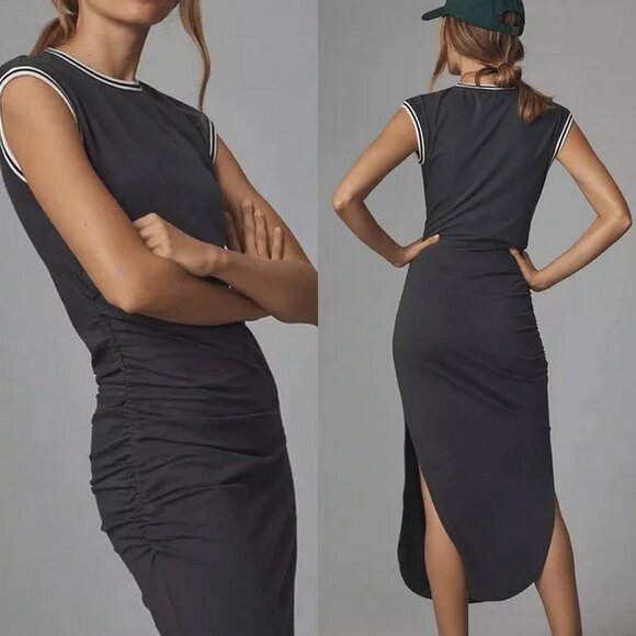 Anthropologie Daily Practice Striped Trim Ruched Midi Dress - Picture 1 of 6